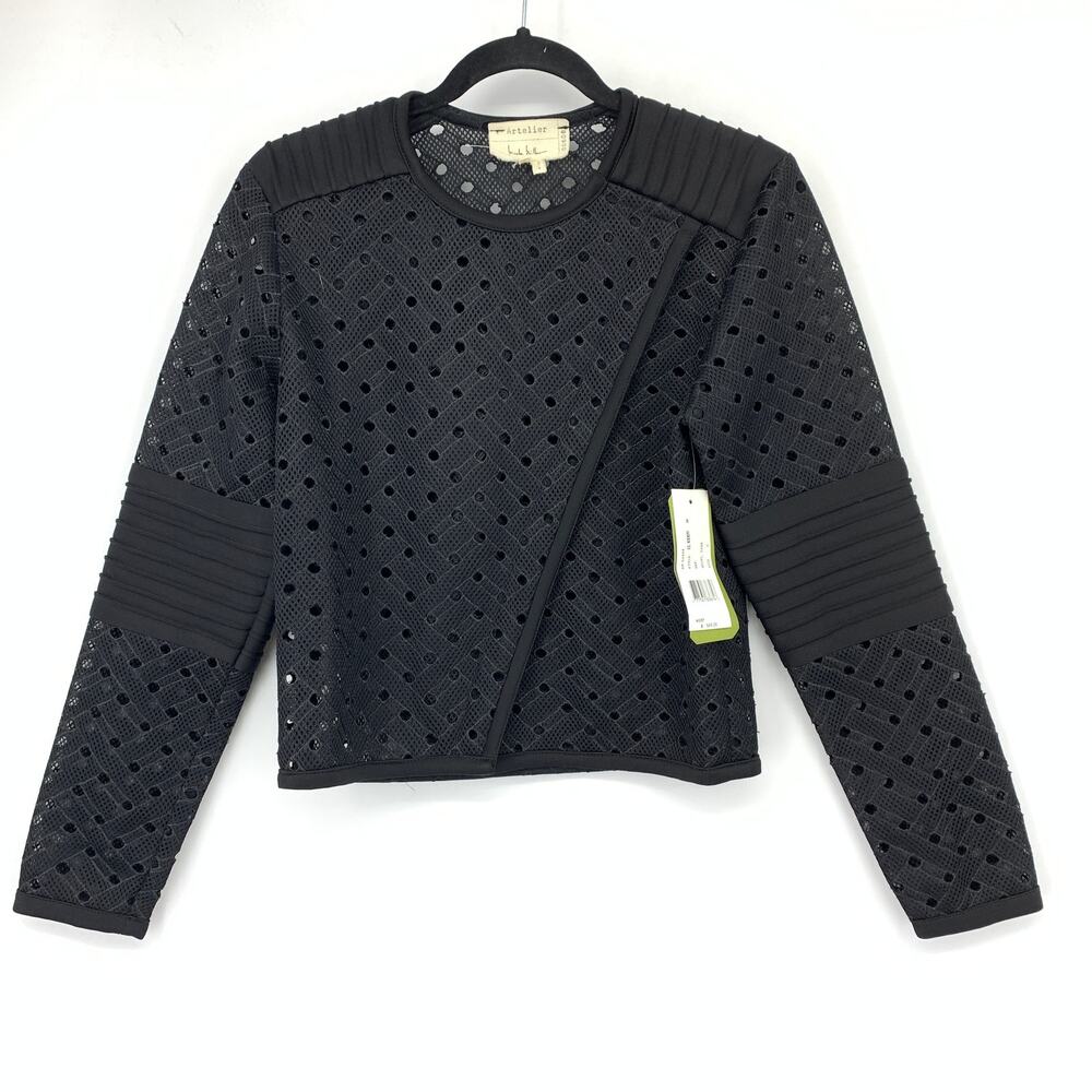 Nicole Miller Artelier Moto Asymmetrical Zip Jacket Womens Sz S Black Eyelet NEW